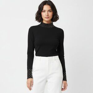 St John Marie Gray Grayse Black Studded Long Sleeve Tee T Shirt M